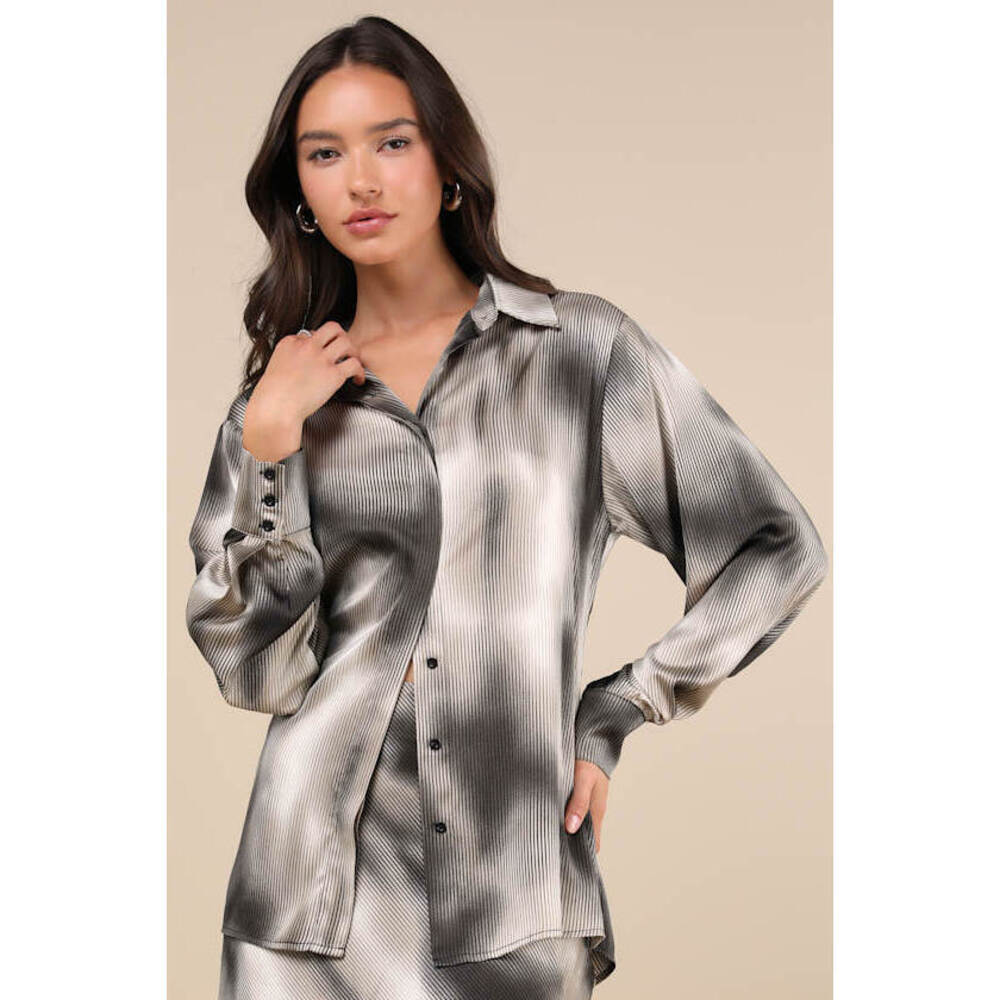 Lulus Poised Outcome Grey Multi Pinstriped Satin Set